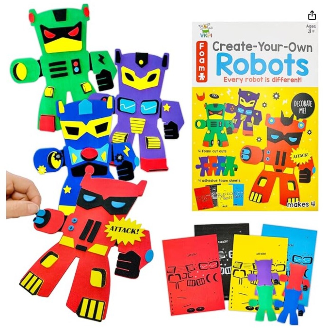 Creative 4 Pieces EVA Foam Art Crafts Gift Kit Make Your Own Robots, Toddler, Preschool Learning Toy for Birthday Party Favor Supplies, Cartoon Foam Paper Craft Projects for Kids Ages 4+